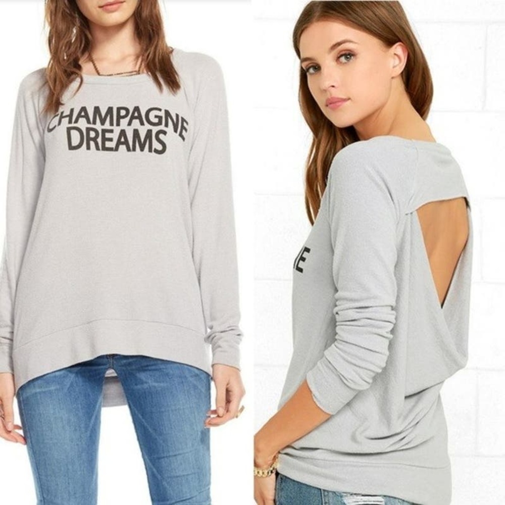 Chaser Small Champagne Dreams Open Back Sweatshirt Gray‎ Scoop Neck Pullover